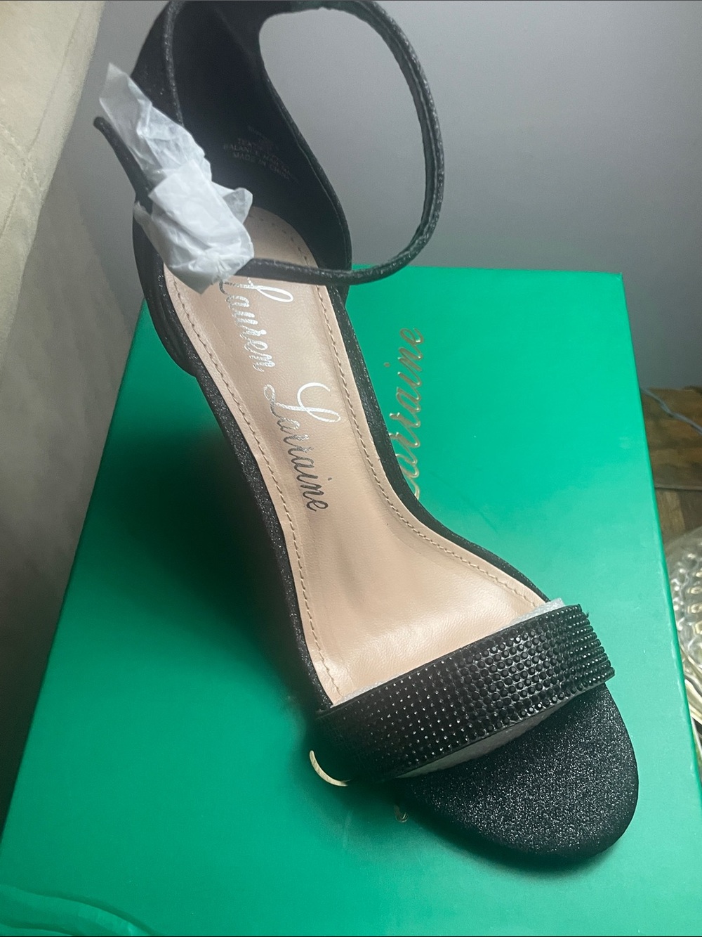 Lauren Lorraine Black Rhinestone Ankle-Strap Heel